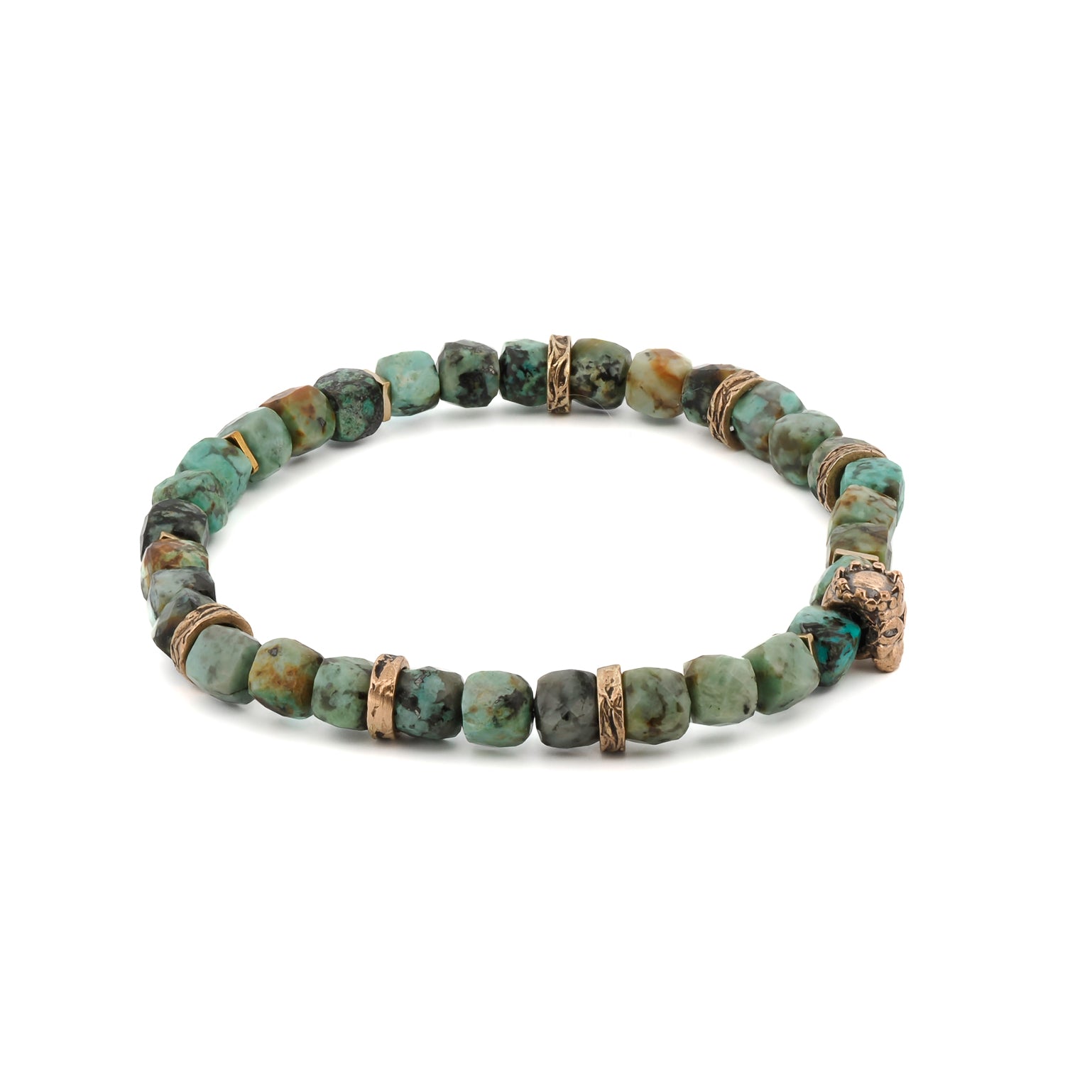 Bronze Accent Beaded Turquoise Stone Bracelet with King Skull Charm, Cz Diamonds