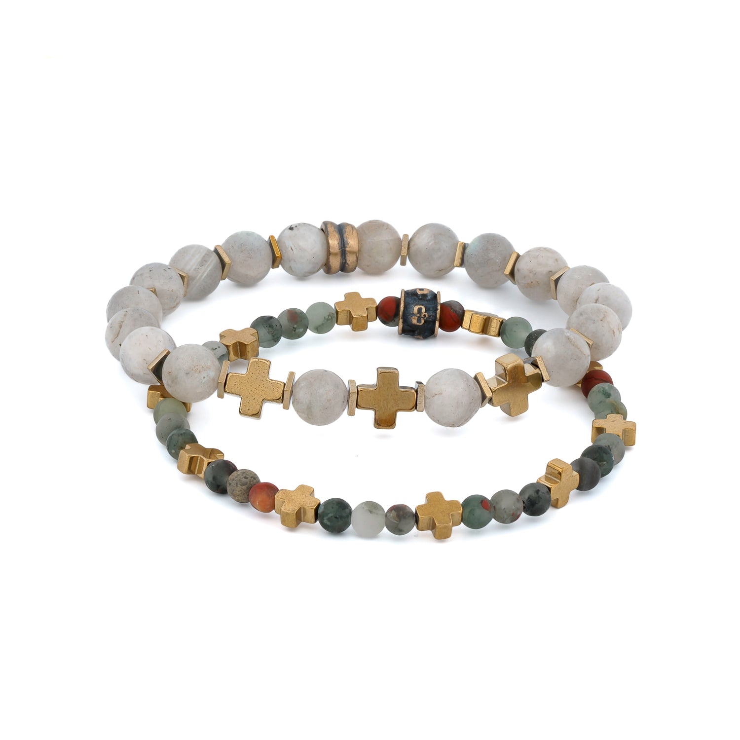 Heavenly Style: Labradorite & Africa Bloodstone Gold Cross Bracelet Duo