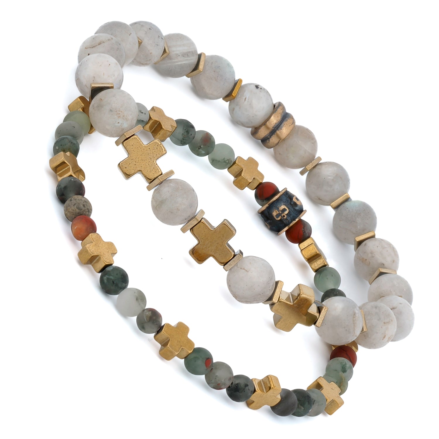 Spiritual Opulence: Africa Bloodstone & Labradorite Gold Cross Bracelet Set