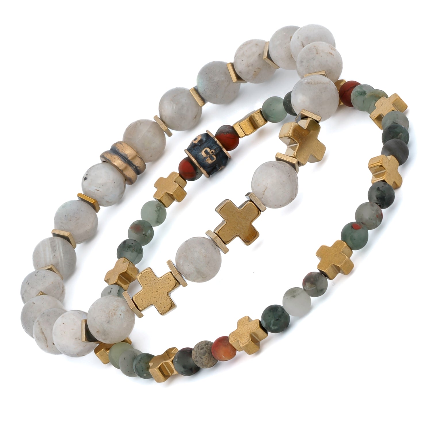 Stylish Spirit: Gold Cross Labradorite & Africa Bloodstone Bracelet Set