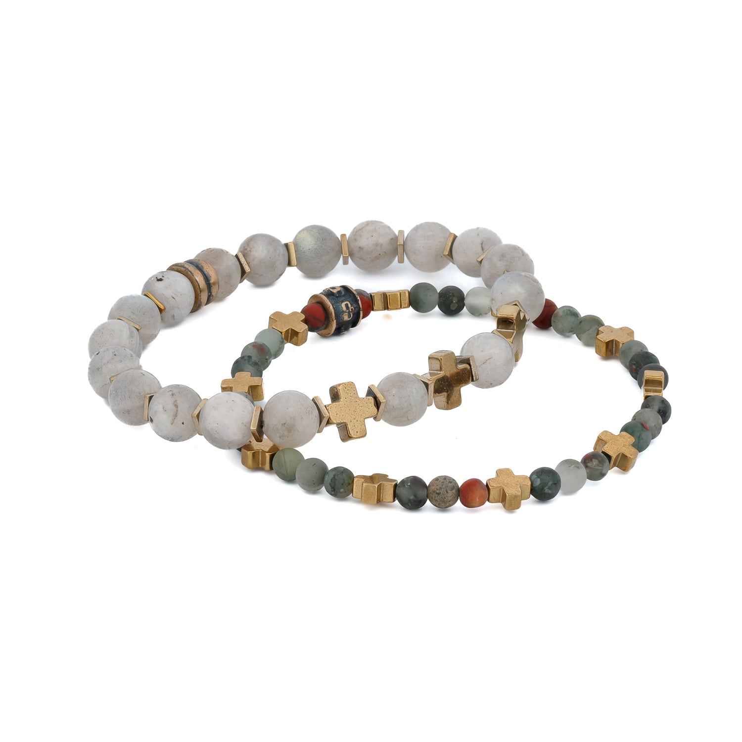 Timeless Beauty: African Bloodstone & Labradorite Gold Cross Bracelet Set