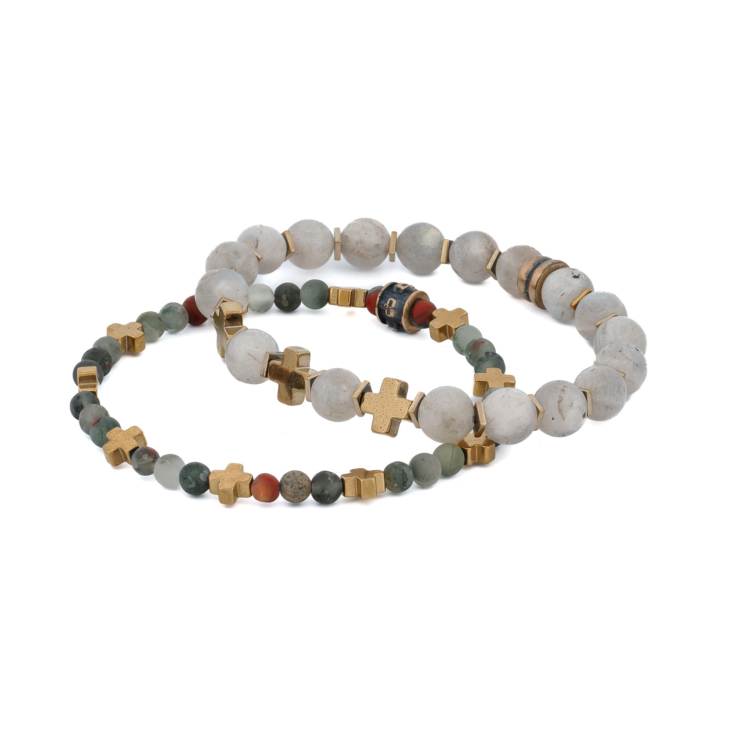 Sacred Adornment: Africa Bloodstone & Labradorite Gold Cross Bracelet Set