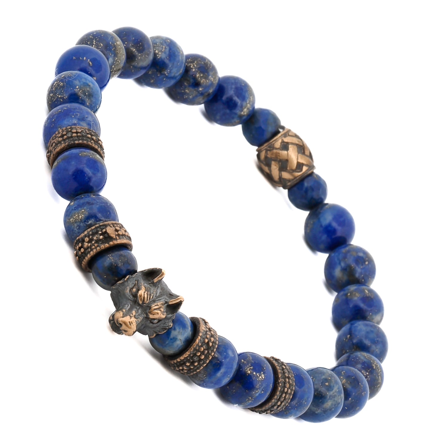 bold lapis lazuli bracelet with bronze wolf bead, symbolizing courage and wisdom
