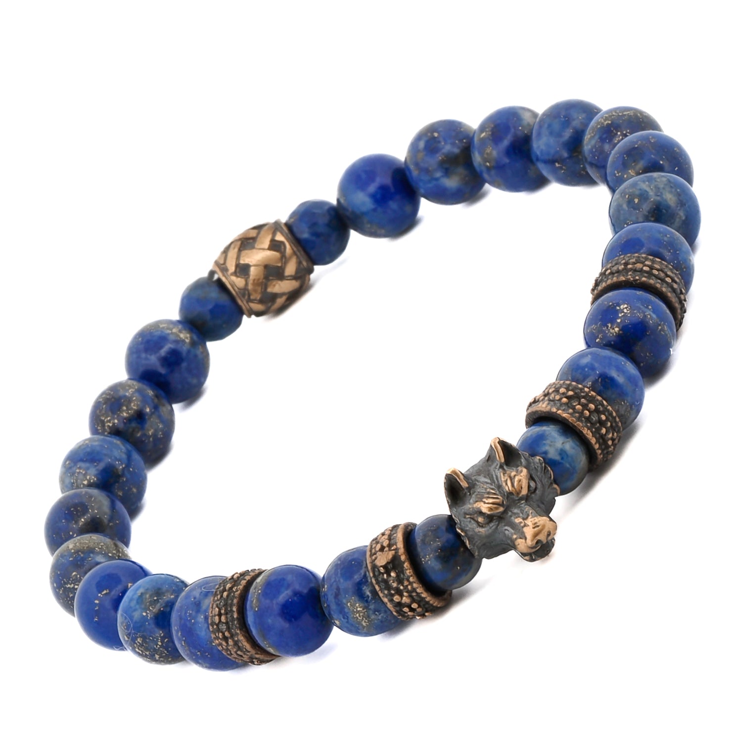8mm lapis lazuli beads and bronze wolf bracelet, symbolizing strength and intelligence