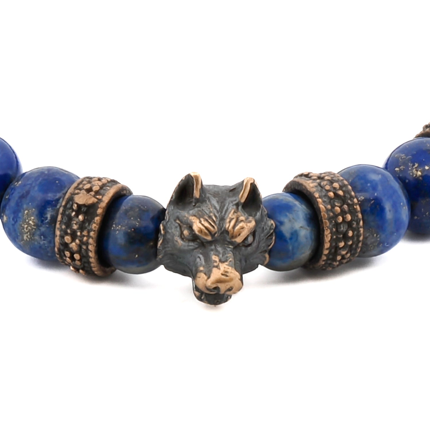 powerful wolf courage bracelet featuring lapis lazuli stone beads and bronze accents