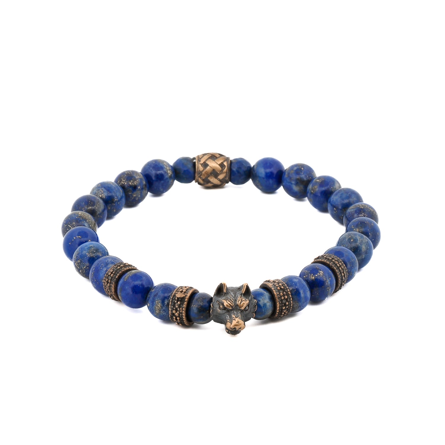 8mm lapis lazuli beaded bracelet with bronze accent and wolf beads