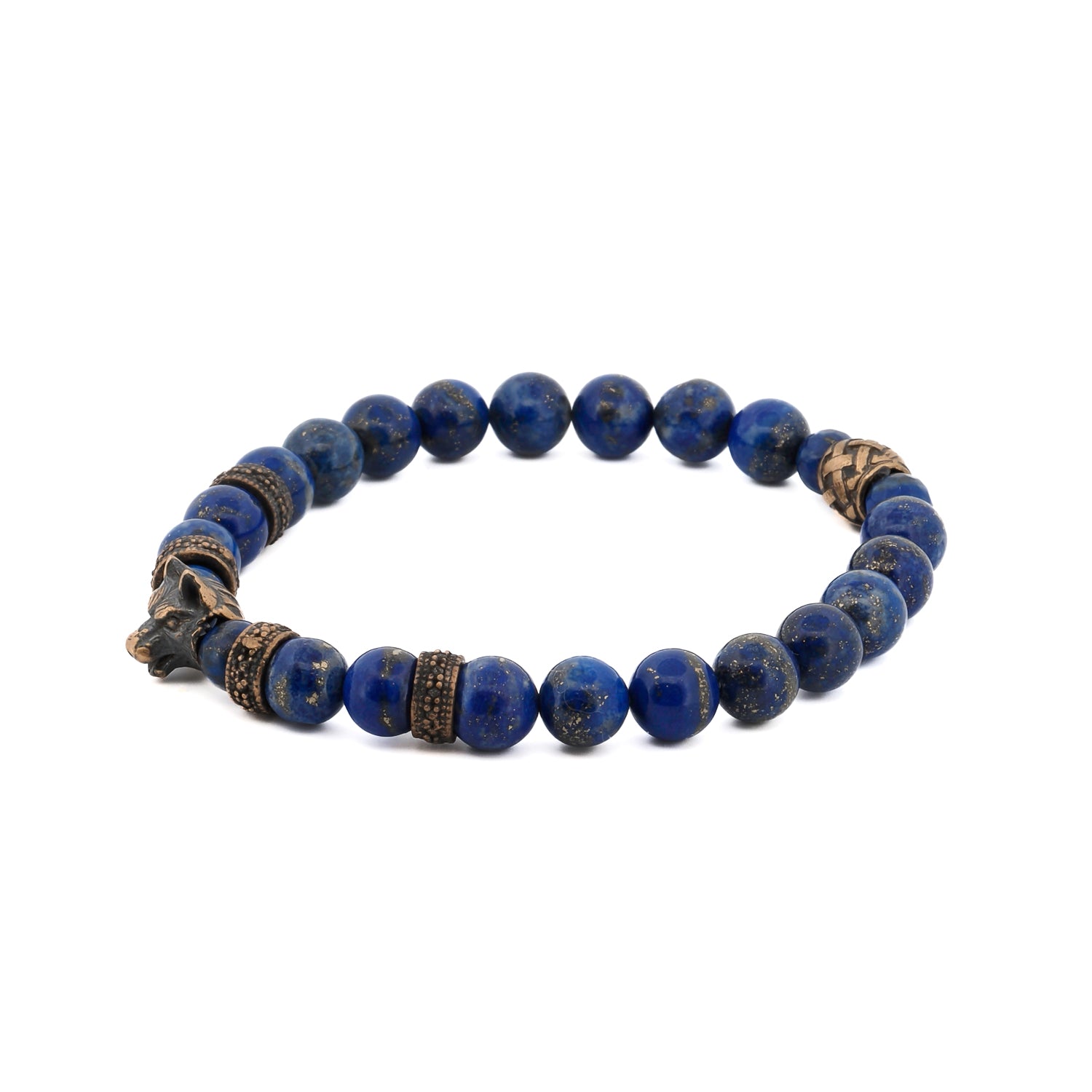 lapis lazuli beaded bracelet with bronze wolf charm, stretchy cord