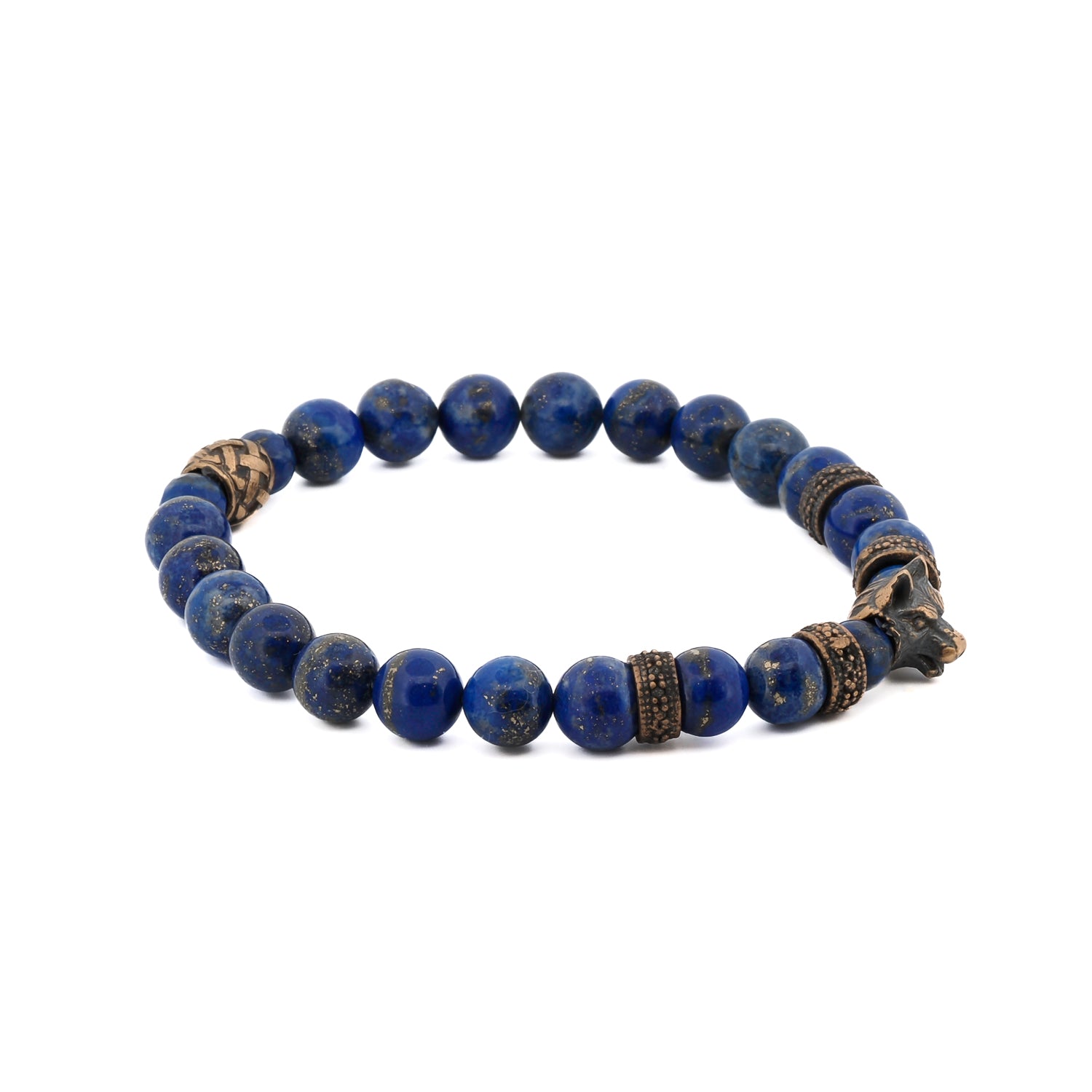 unique lapis lazuli and bronze beaded bracelet with wolf charm