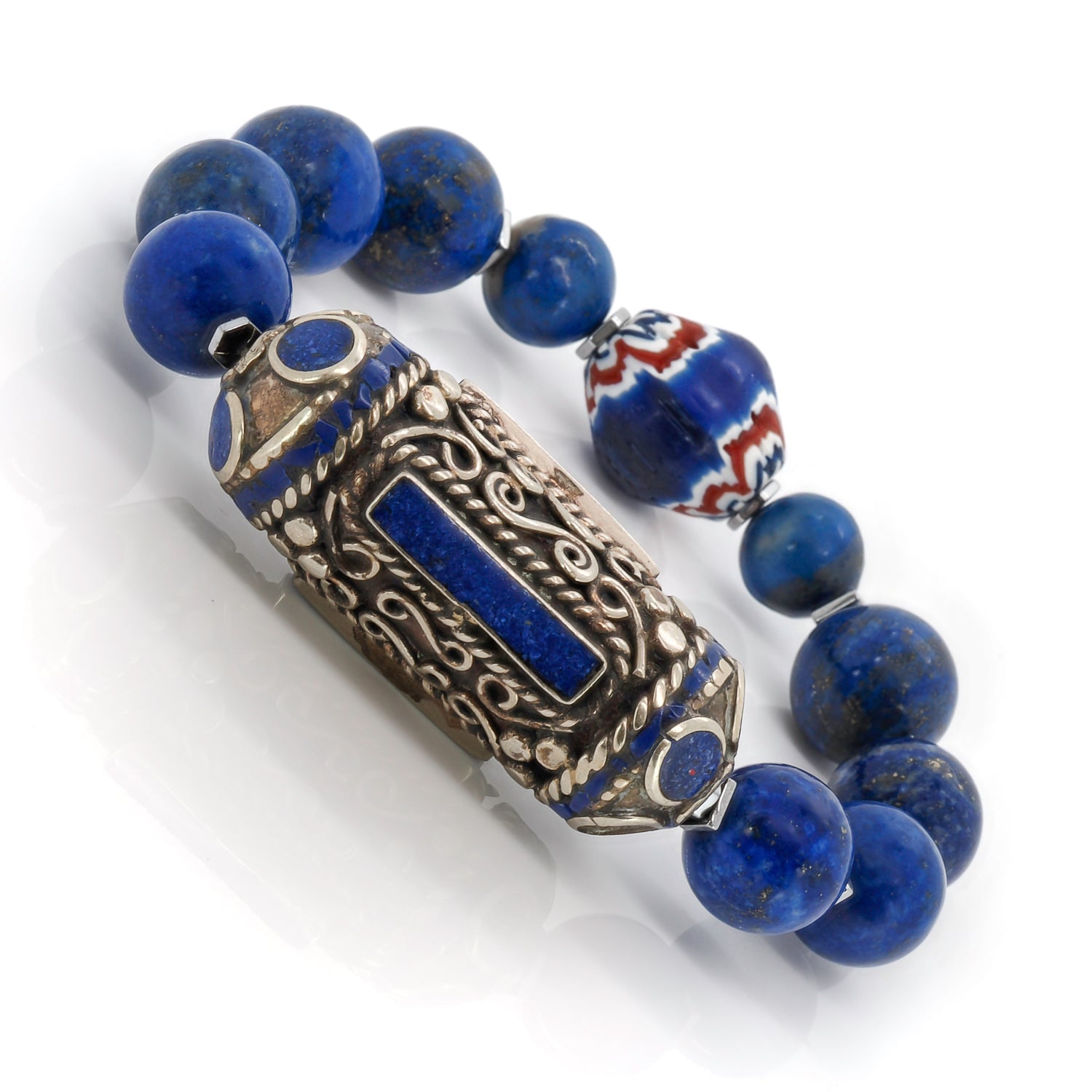 Lapis Lazuli Stone Vintage Silver Nepal Chunky Beaded Bracelet