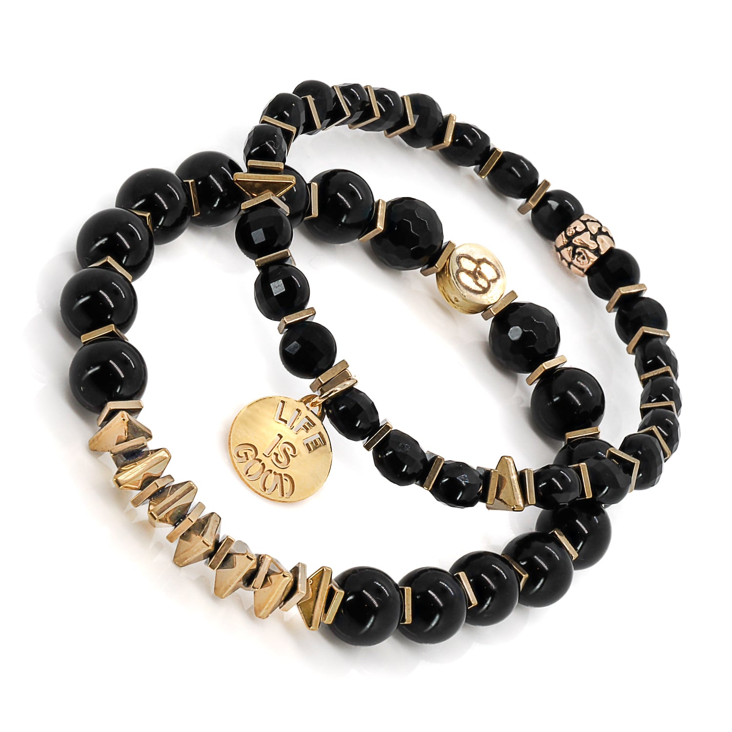 Black Onyx Bracelet Set with Unique 'Life Is Good' Charm