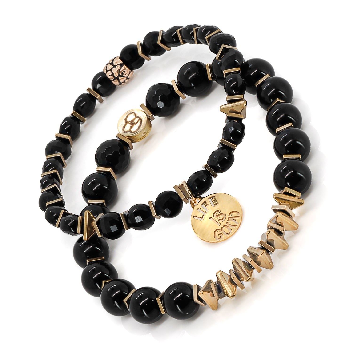 Black Onyx Bracelet Set with Protective Energy and Gold Accents