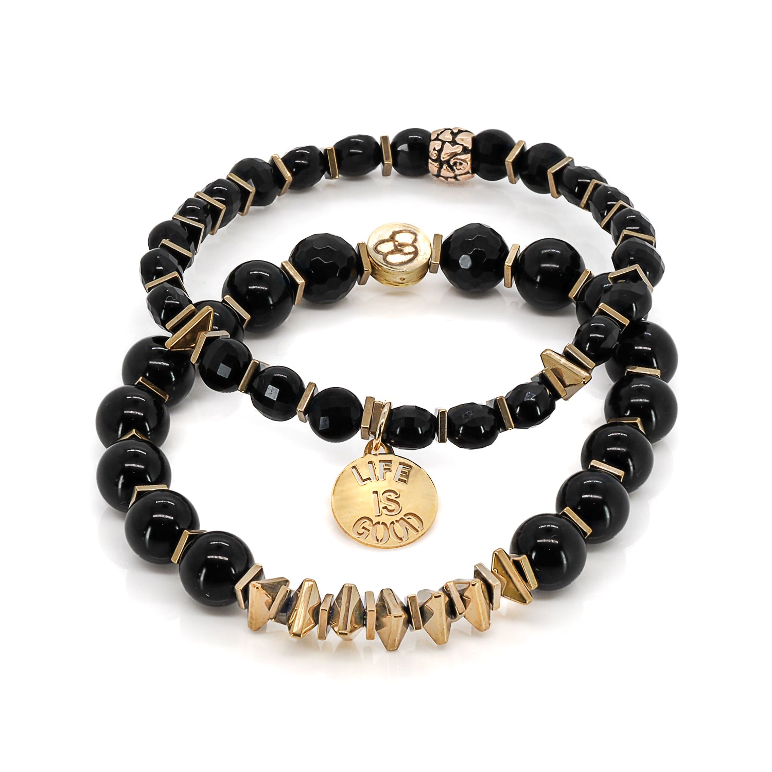 Positivity in Style: Life Is Good Black Onyx Bracelet Set with Sterling Silver Charm