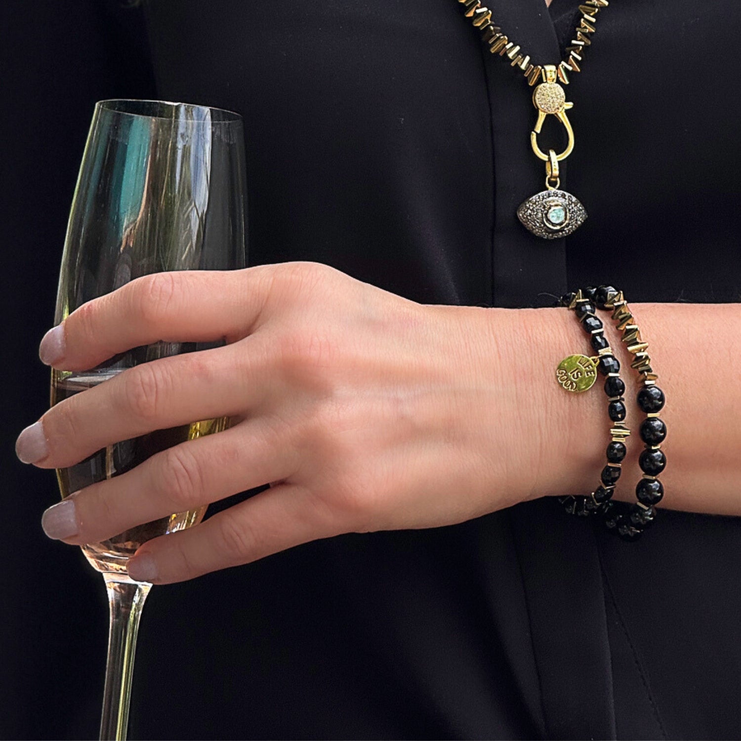 Versatile Black Onyx Bracelet Set with Gold-Plated Details