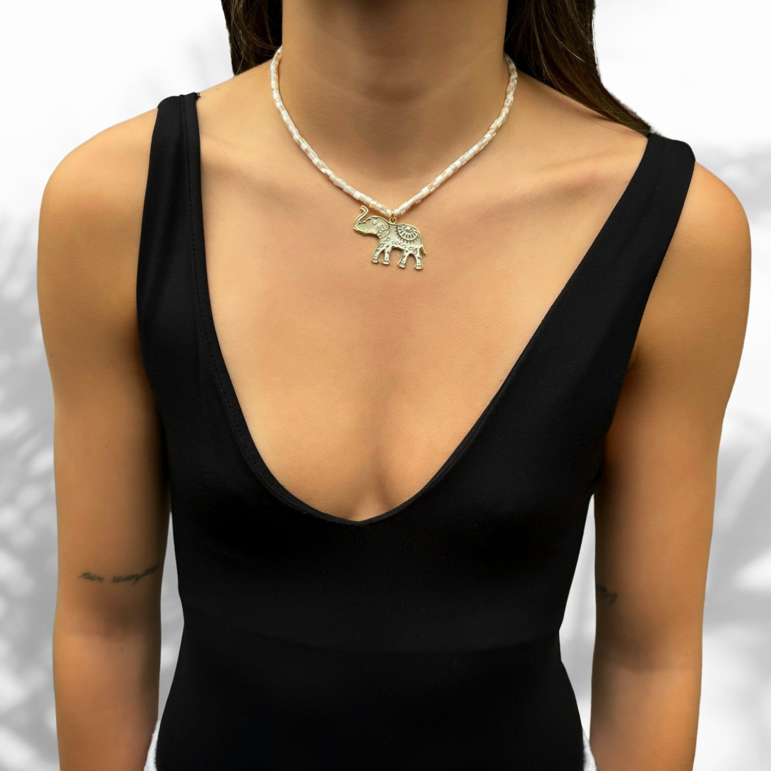White Pearl Elephant Evil Eye Necklace