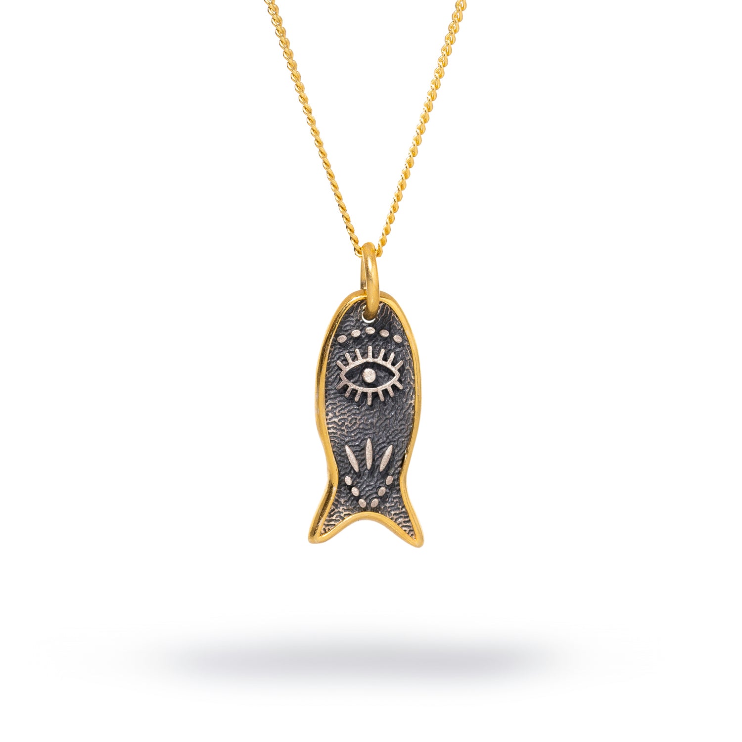 Sterling silver necklace featuring a lucky fish pendant with an evil eye symbol, framed in 18k gold plating for protection and luck.