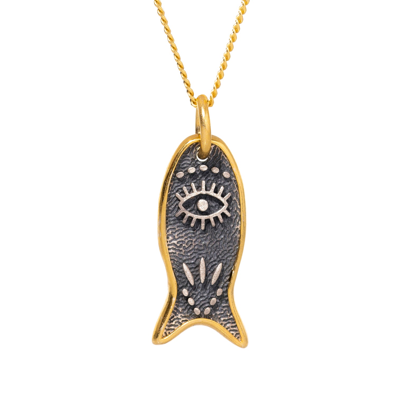 18k gold-plated sterling silver necklace featuring a lucky fish pendant with an evil eye, offering a powerful talisman for good fortune.