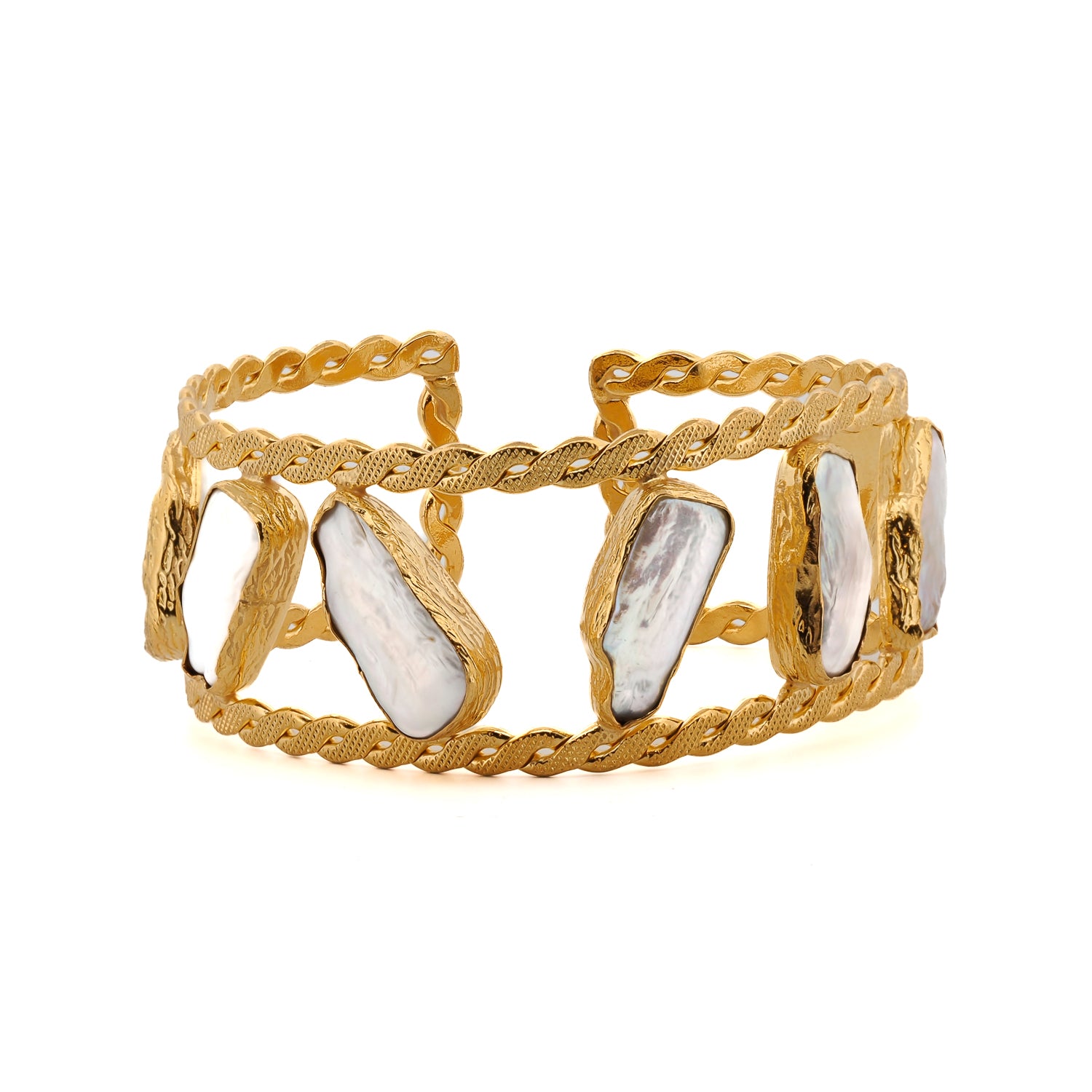 Chunky Brass Cuff Bracelet with Luxurious Pearl Stones