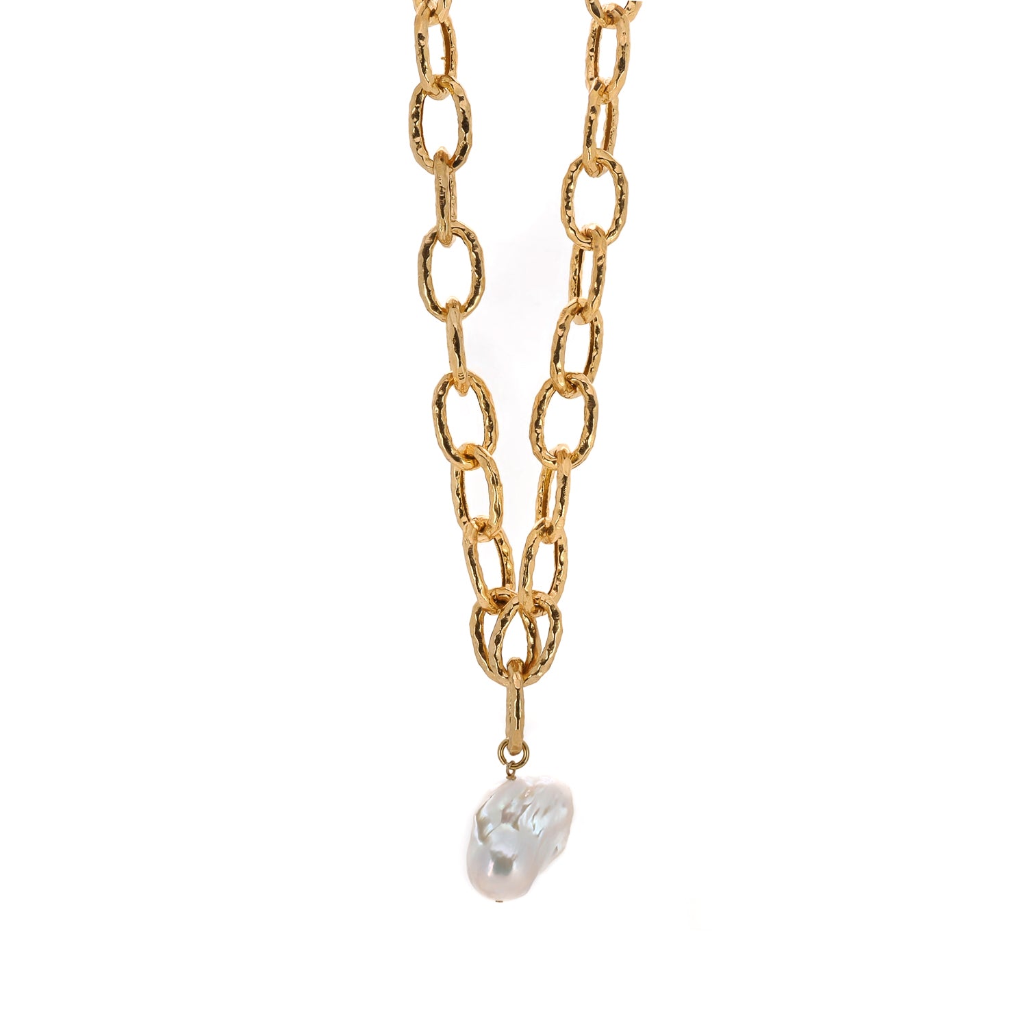 24K Gold Link Chain Necklace with Pearl Pendant