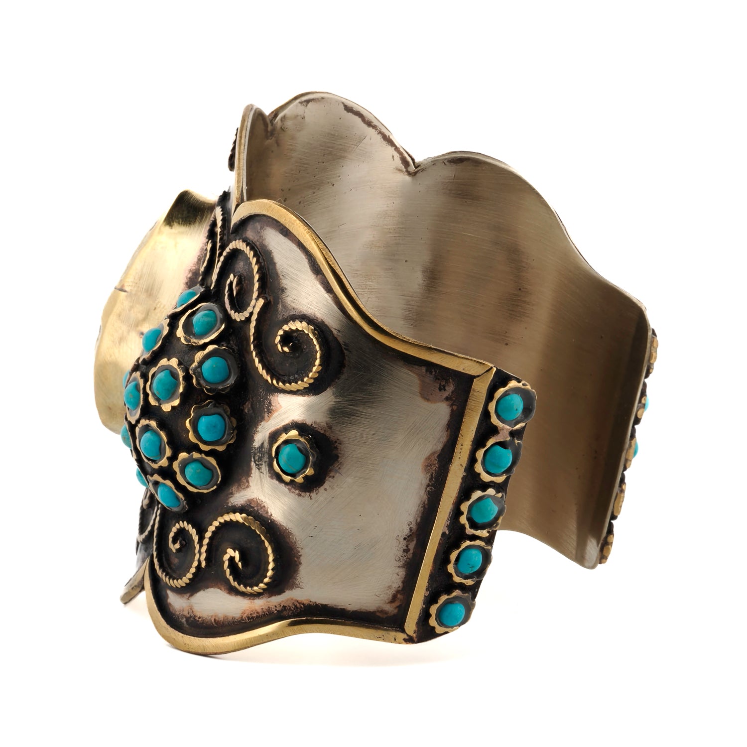 Adjustable silver and gold bracelet with vibrant turquoise stones