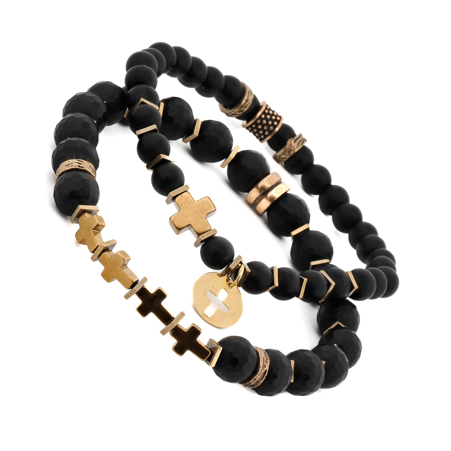 Spiritual Matte Black Onyx Stone Bracelet Set with Gold Cross Charm