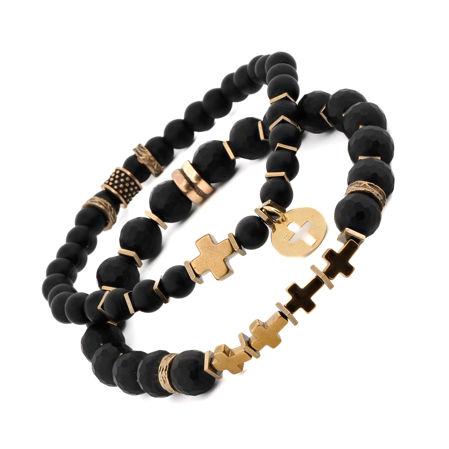 Handmade Matte Black Onyx Stone Bracelet Set with 18k Gold Plated Cross Charm