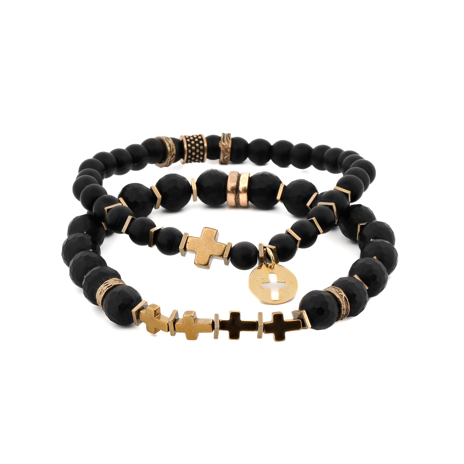 Matte Black Onyx Stone Bracelet Set with Gold Cross Charm