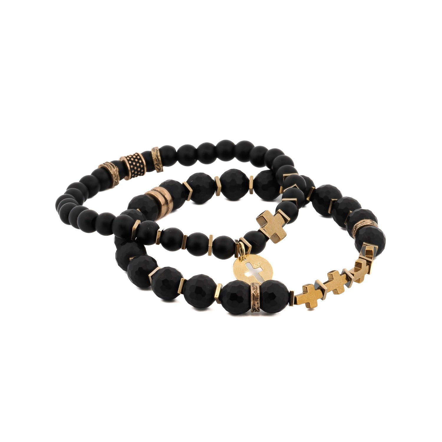 Men's Matte Black Onyx Stone Bracelet Set with 18k Gold Plated Cross Charm