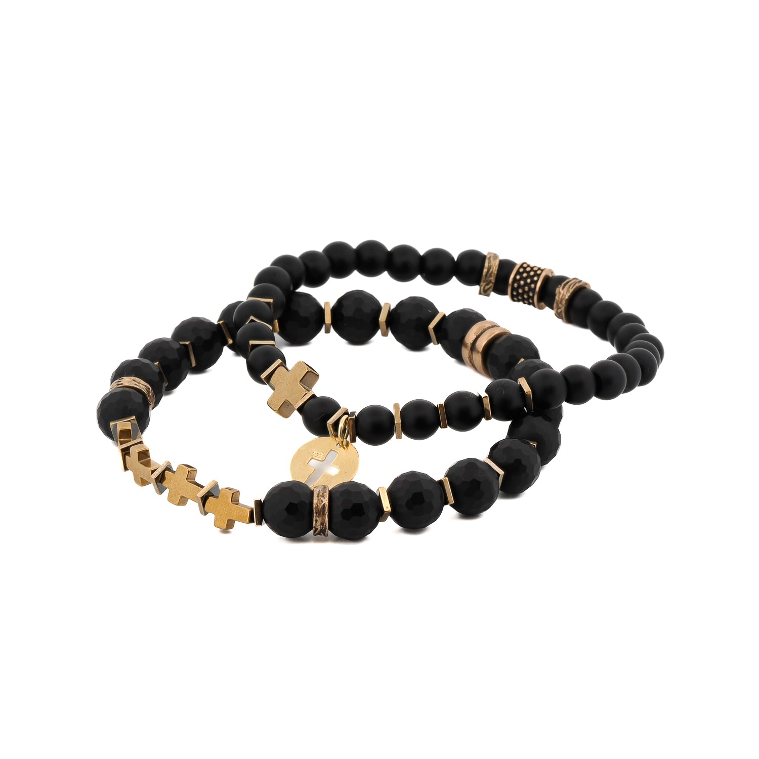 Matte Black Onyx Stone Wise Belief Bracelet Set with Gold Cross Charm