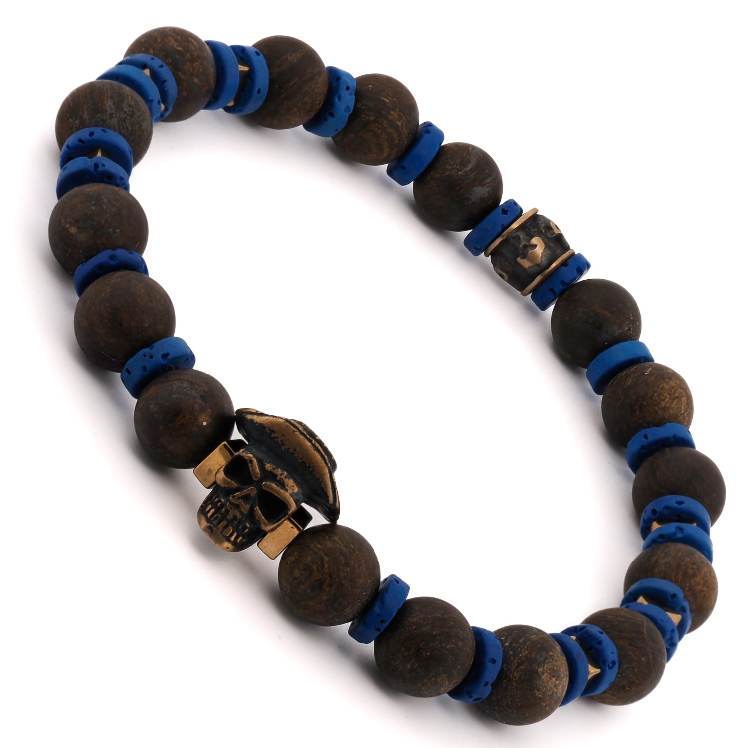 Bronze skull charm bracelet with earthy bronzite stones and vibrant blue lava rock.