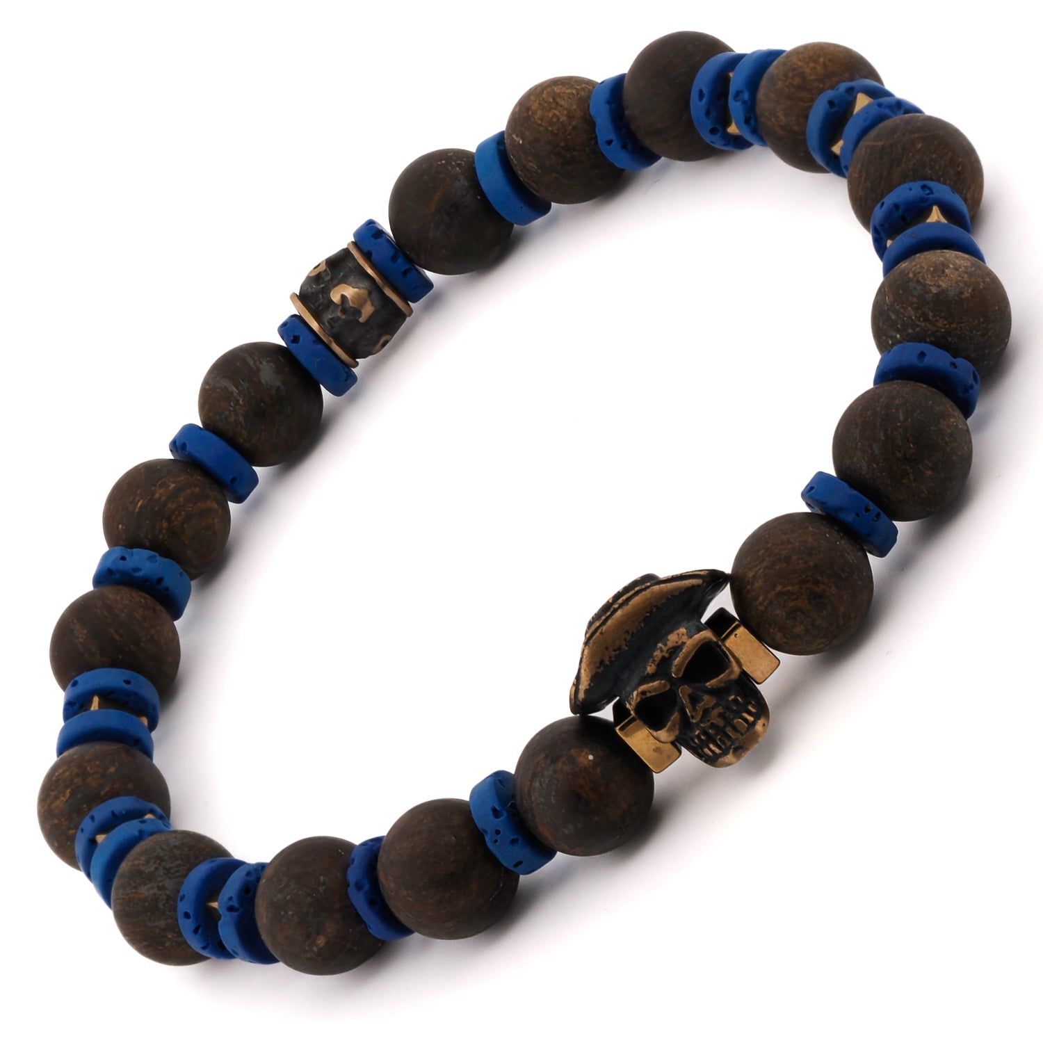 Close-up of skull bracelet with matte bronzite beads, blue heishi discs, and bronze end bead.