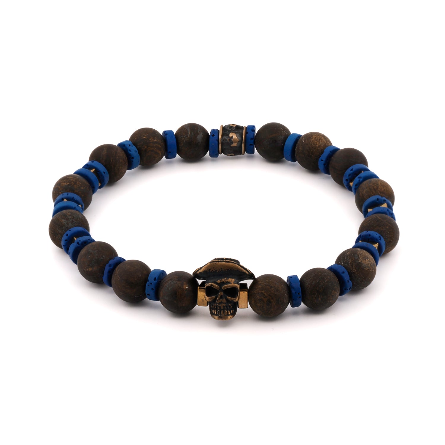 Matte bronzite beaded men’s bracelet with bronze skull charm and blue lava stone discs.