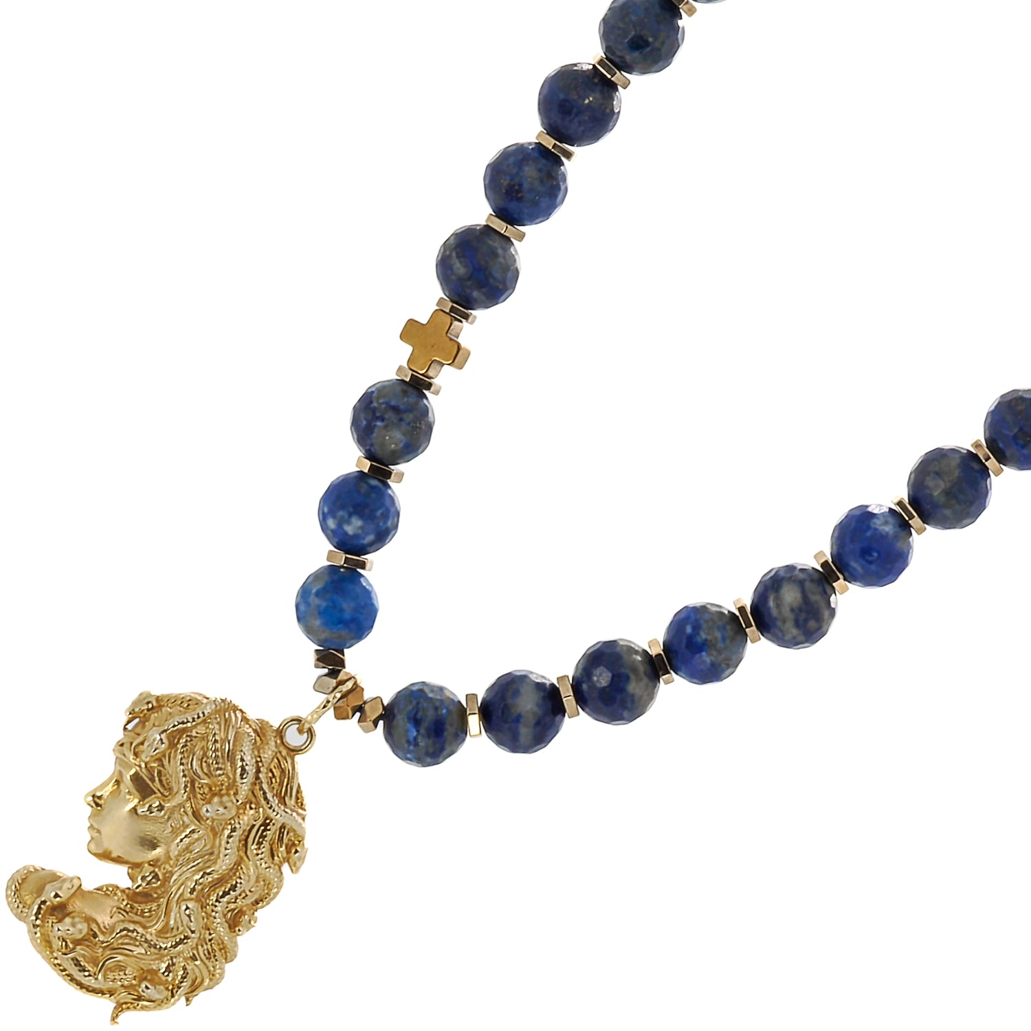 Gold Medusa Pendant Lapis Lazuli Stone Beaded Necklace
