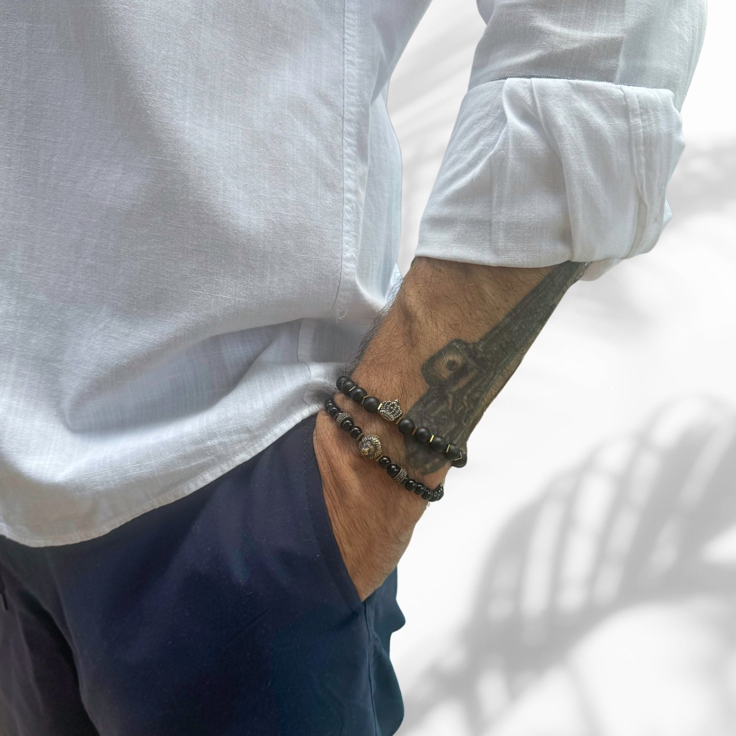 Men's Lion and King Crown Charm Bracelets, Onyx Stone Set