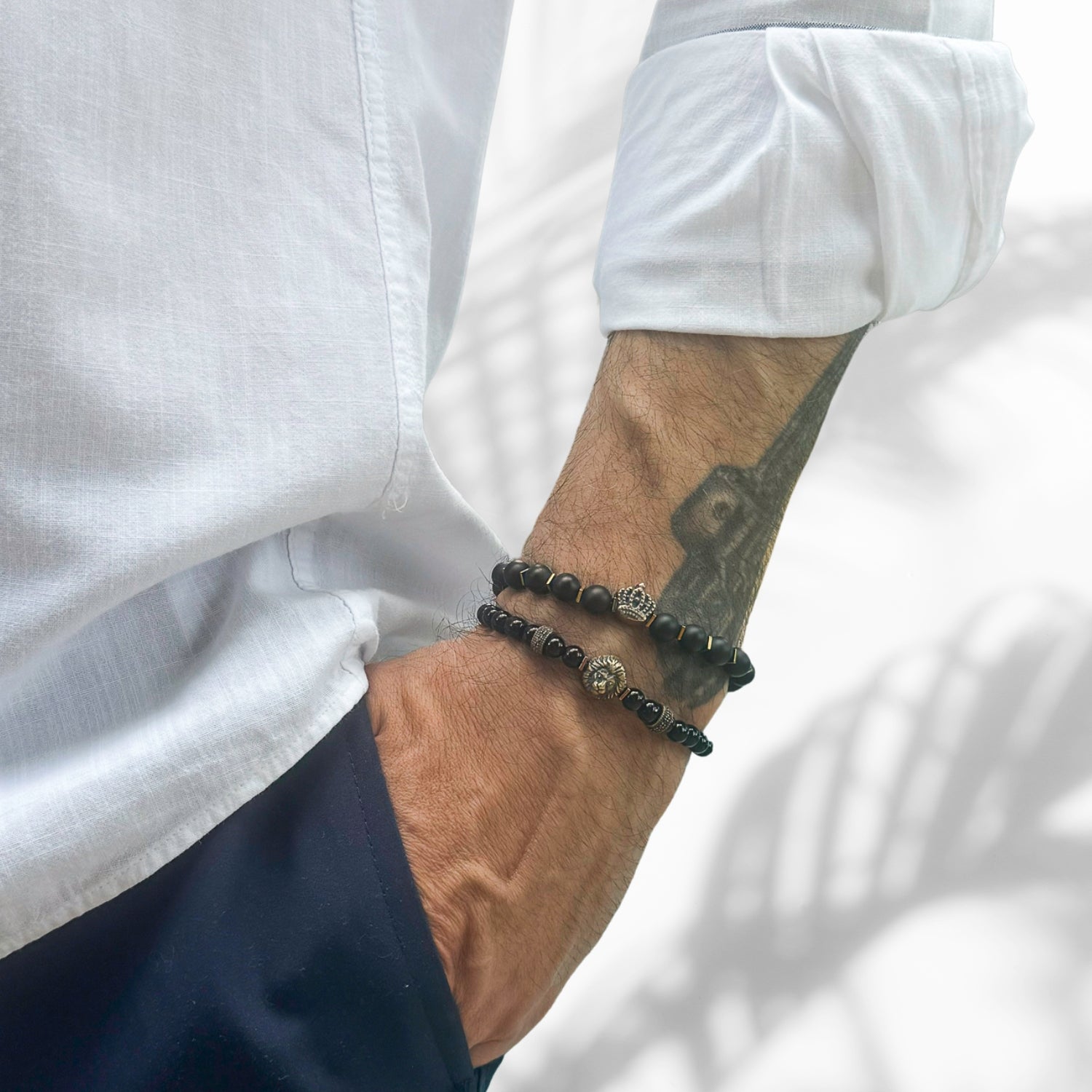 Black Onyx Stone Bracelet Set with Lion and King Charms