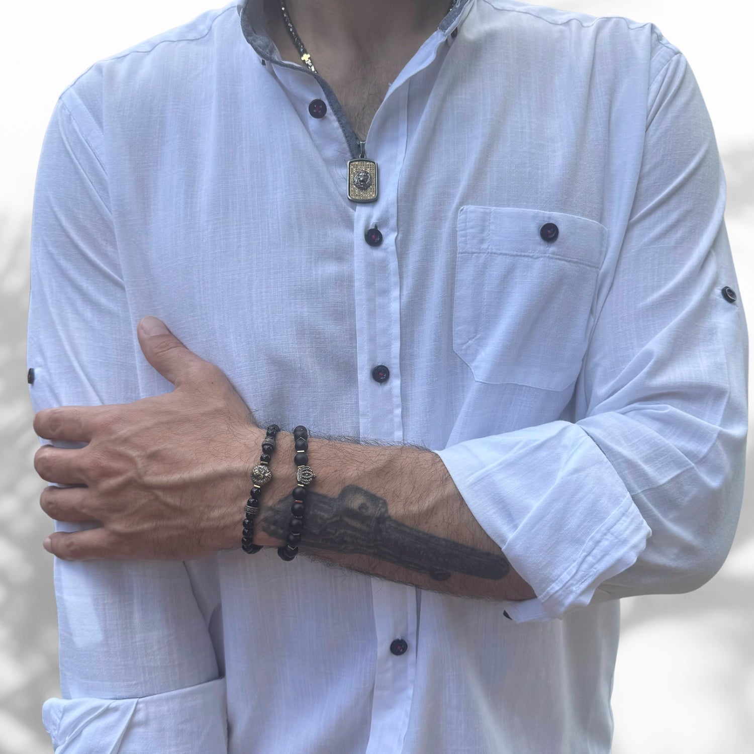 Black Onyx Beaded Bracelet Set with Bronze Charms