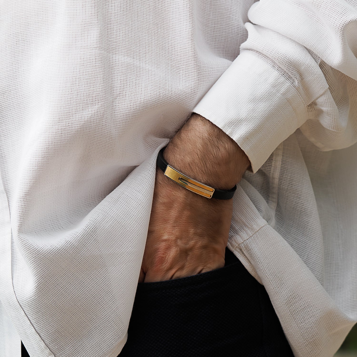 Men\'s Fashion Style Black Leather Gold Bracelet – EBRU JEWELRY