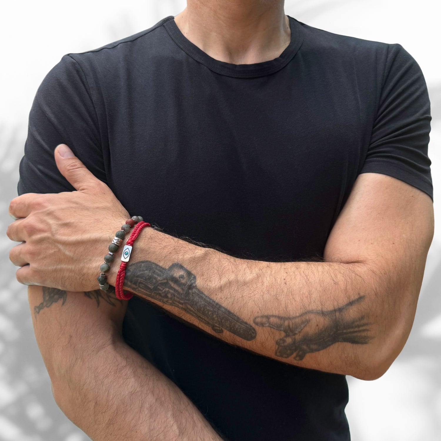 Handmade Men's Sterling Silver Evil Eye Bracelet with Red Rope Detail
