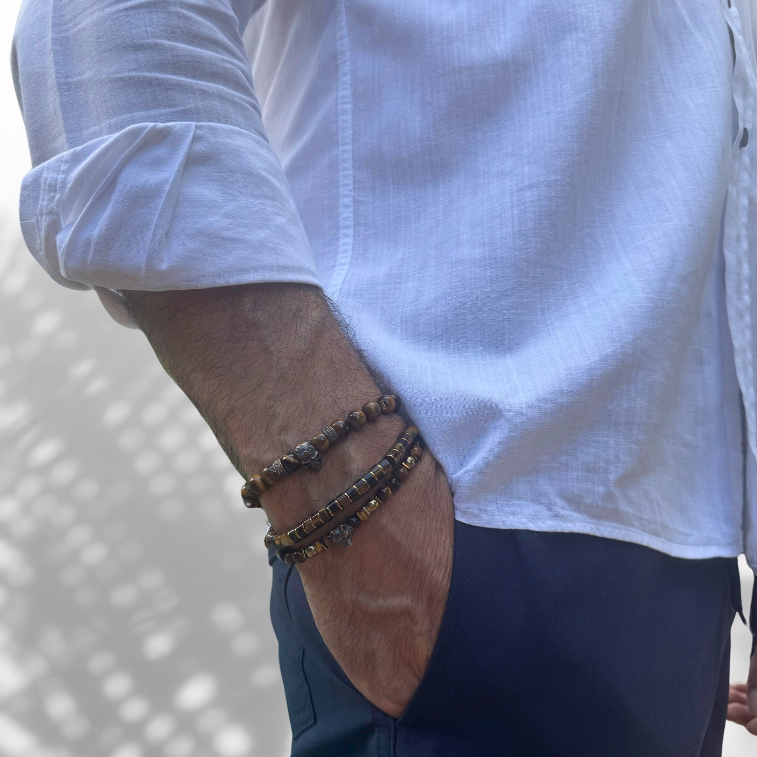 Stylish Men's Tiger's Eye Stone Bracelet with Gold Hematite Spacers and Adjustable Black Rope
