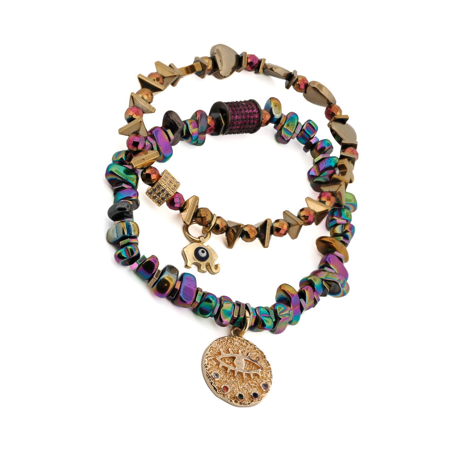 Multicolor Hematite Stone Evil Eye Elephant Bracelet Set