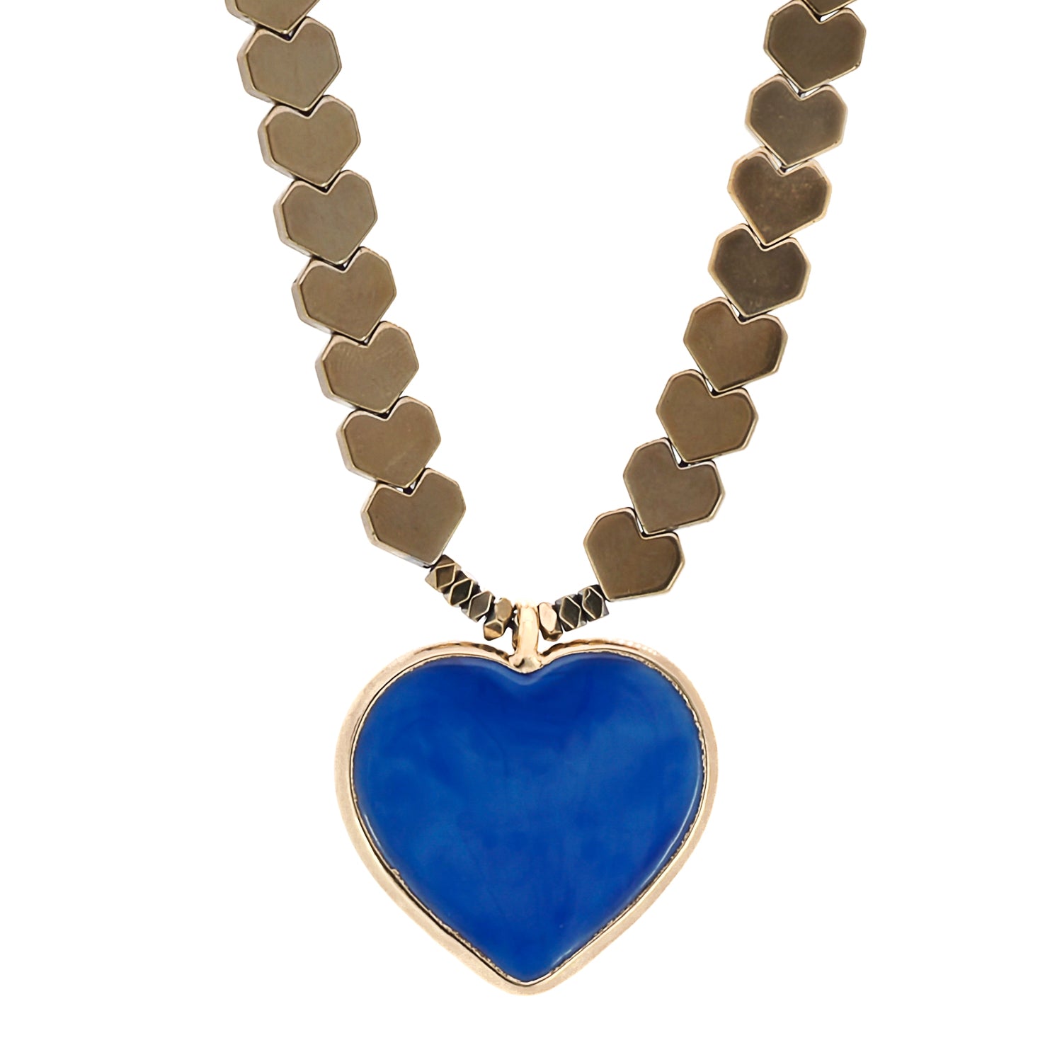Murano Glass Blue Heart Pendant Gold Hematite Happy Necklace