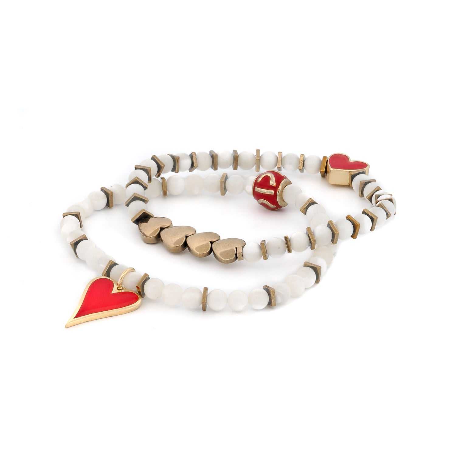 White Beads with Red Heart Charms Bracelet Set