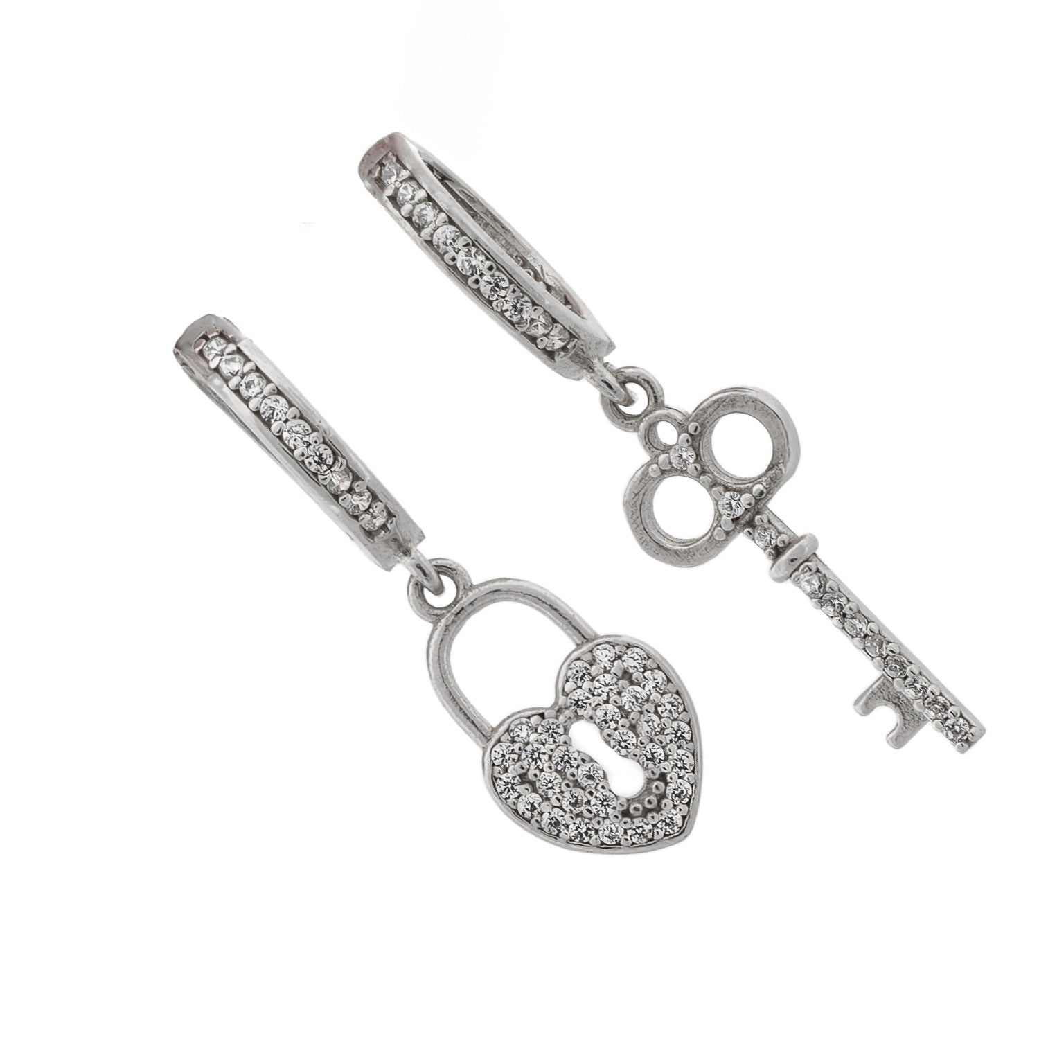 My Heart Is Yours Key & Heart Lock Silver Diamond Earrings