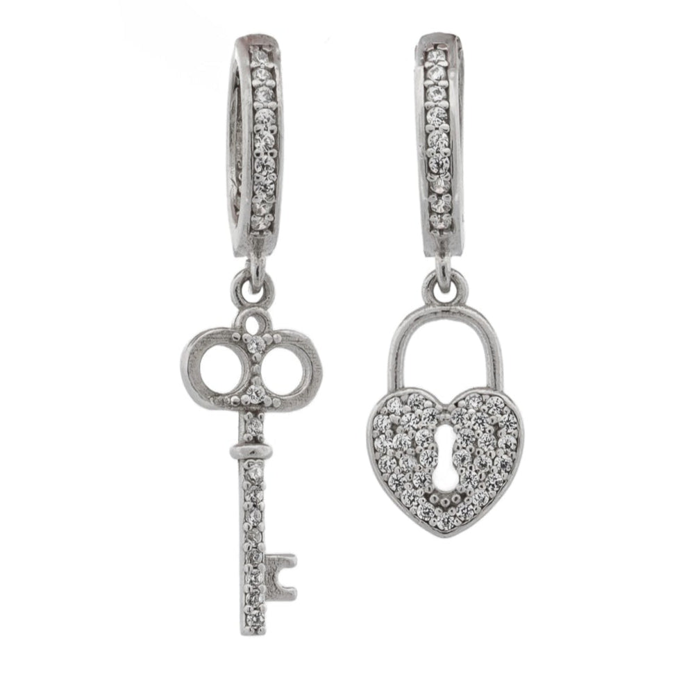 My Heart Is Yours Key & Heart Lock Silver Diamond Earrings