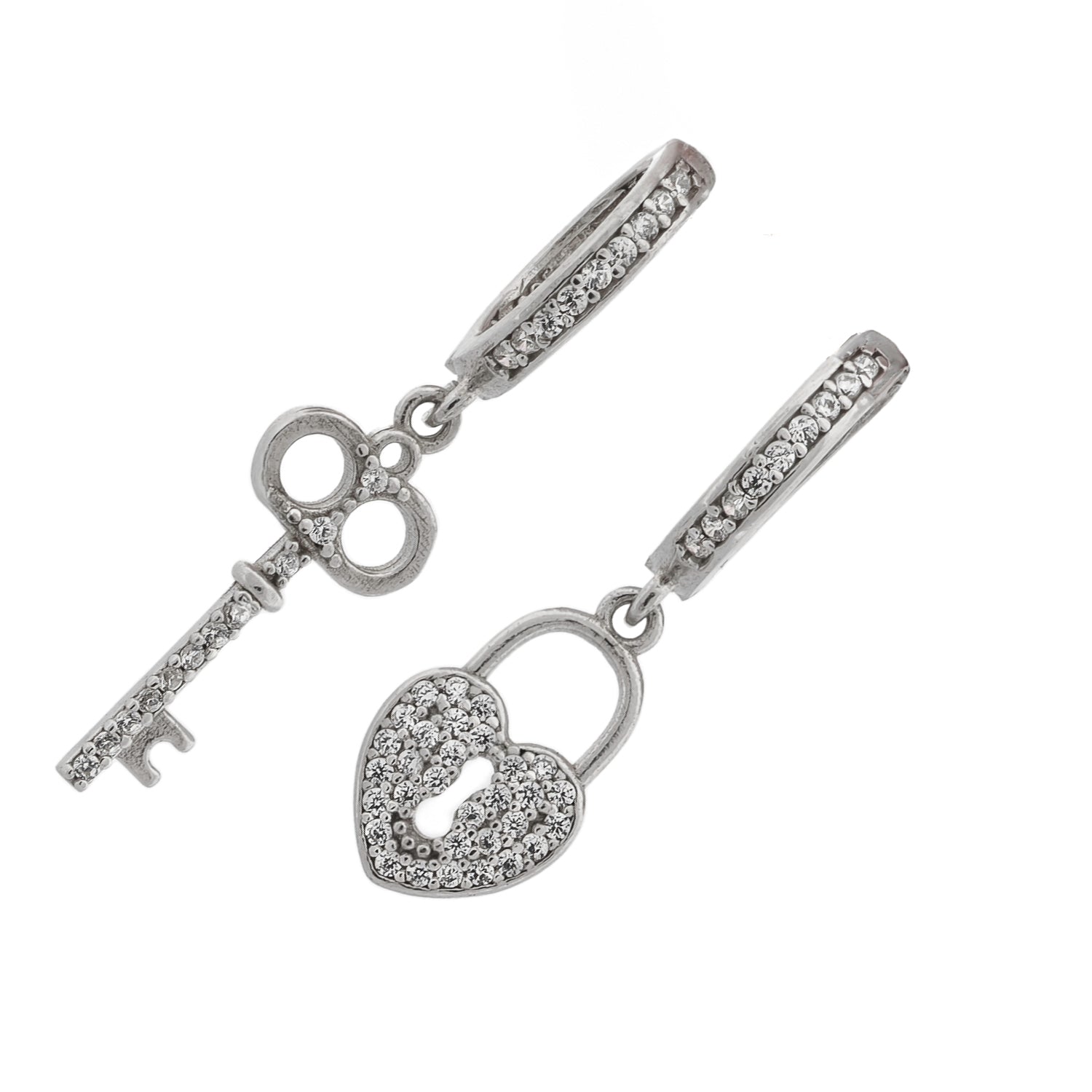 My Heart Is Yours Key & Heart Lock Silver Diamond Earrings