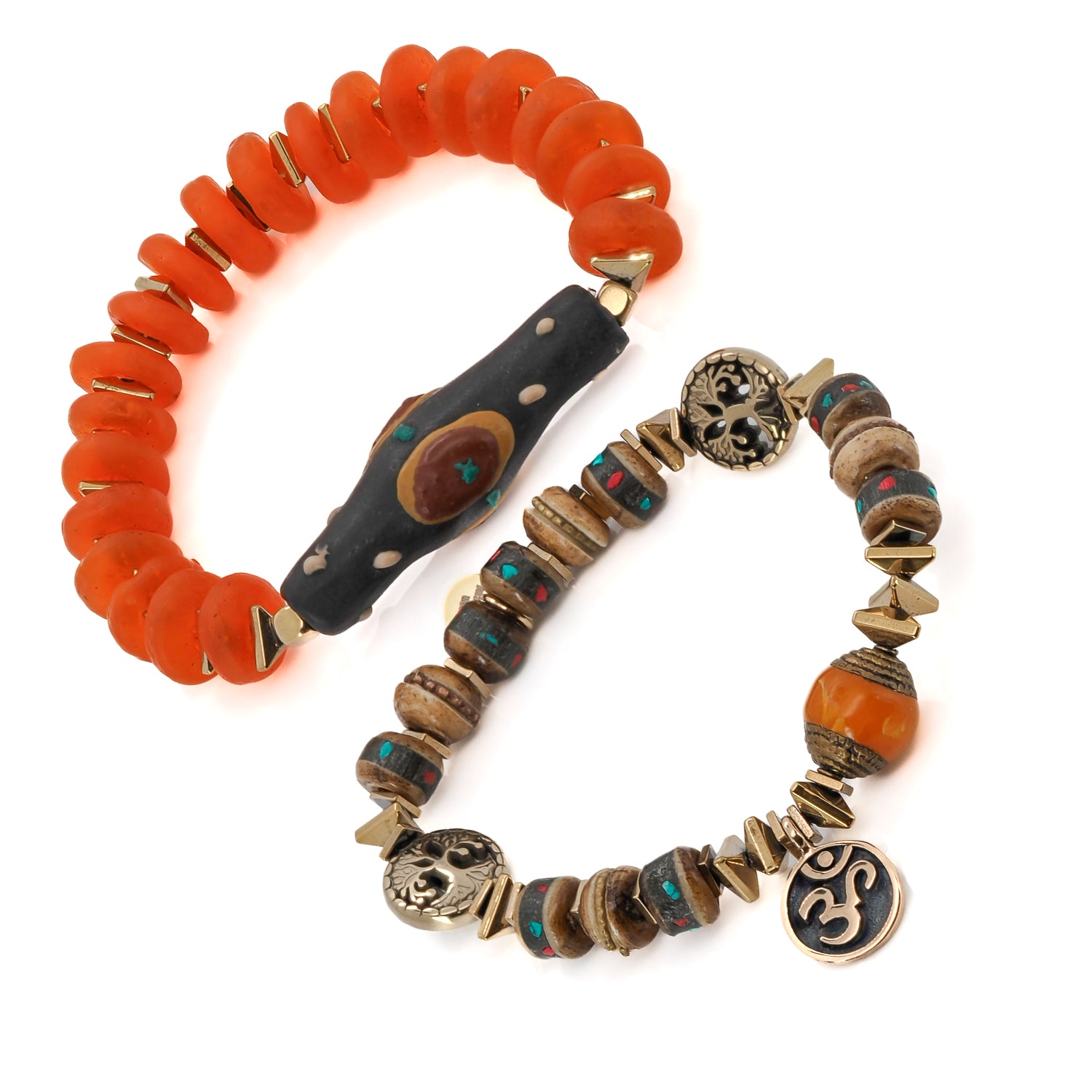 Close-up of Om charm bracelet with spiritual Nepal beads and gold hematite spacers