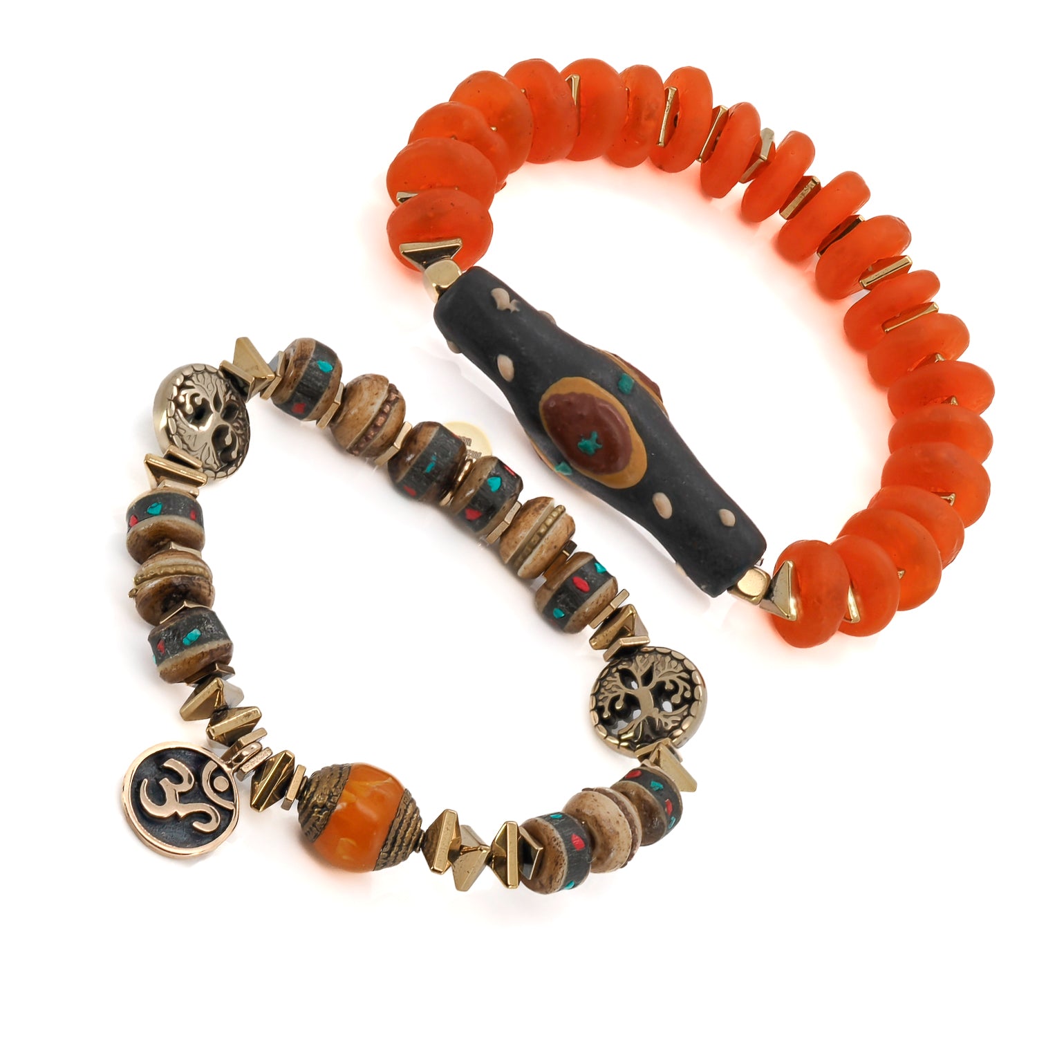 Stretch bracelet set with African glass, Nepal meditation beads, and sacred spiritual symbols