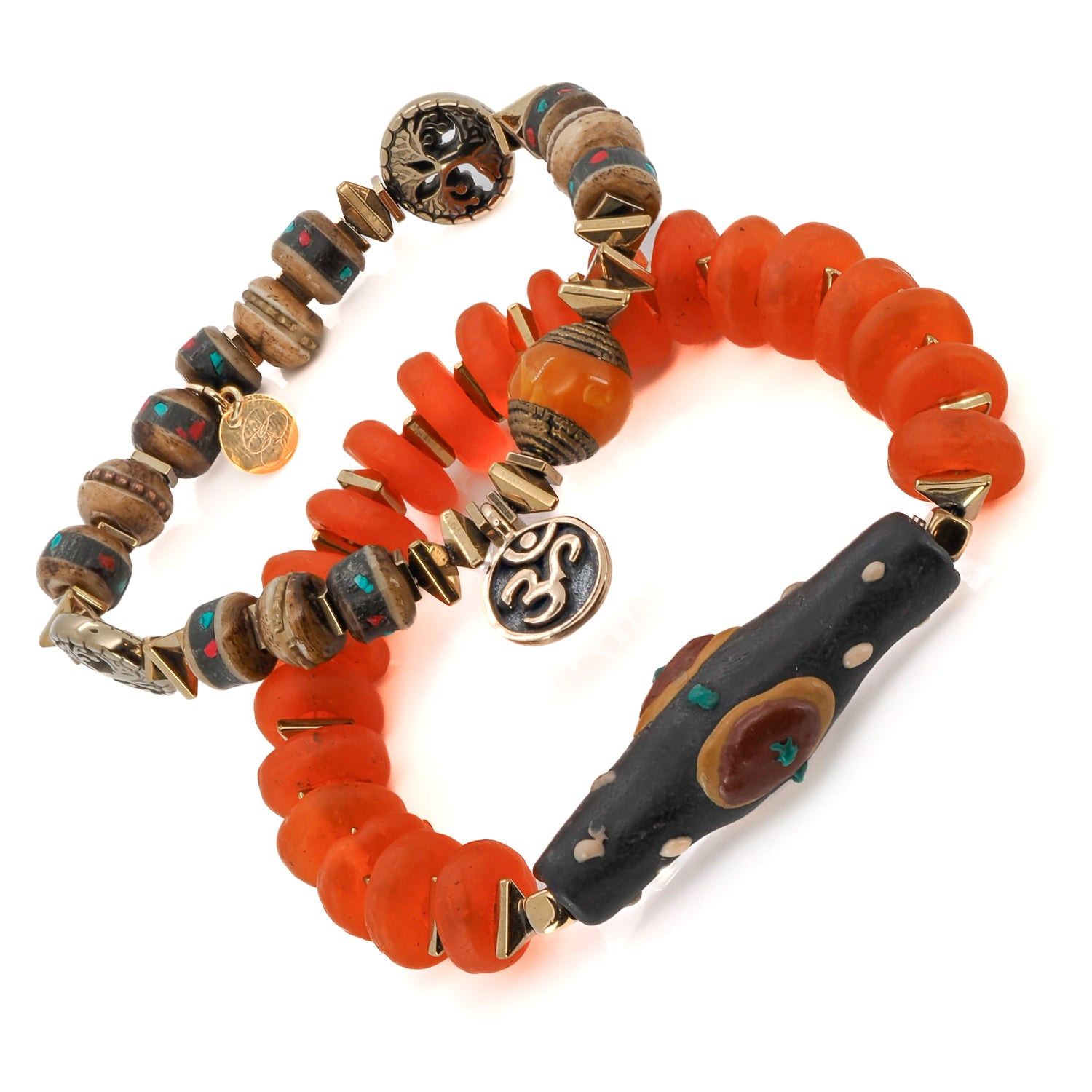 Wrist view of Mystic Nepal bracelet duo with Om charm and earthy design