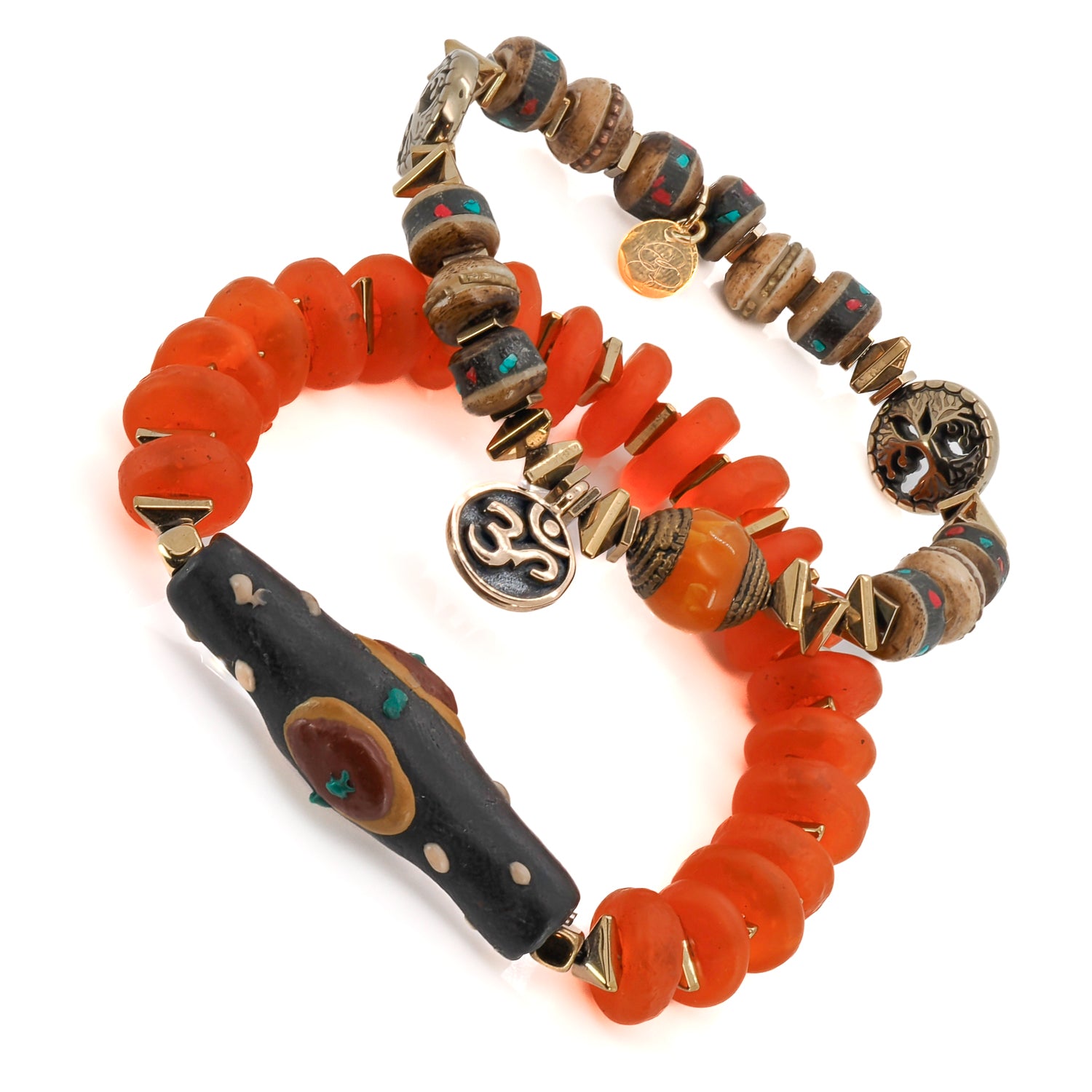 Artisan bracelet set featuring calming Om charm and symbolic tree of life beads