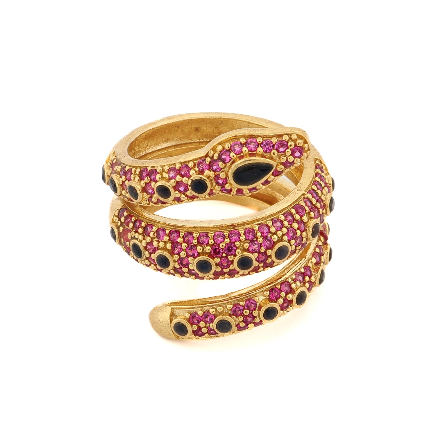 18K Gold-Plated Mystic Serpent Ring with Black Onyx and Ruby Stones for Spiritual Strength and Protection