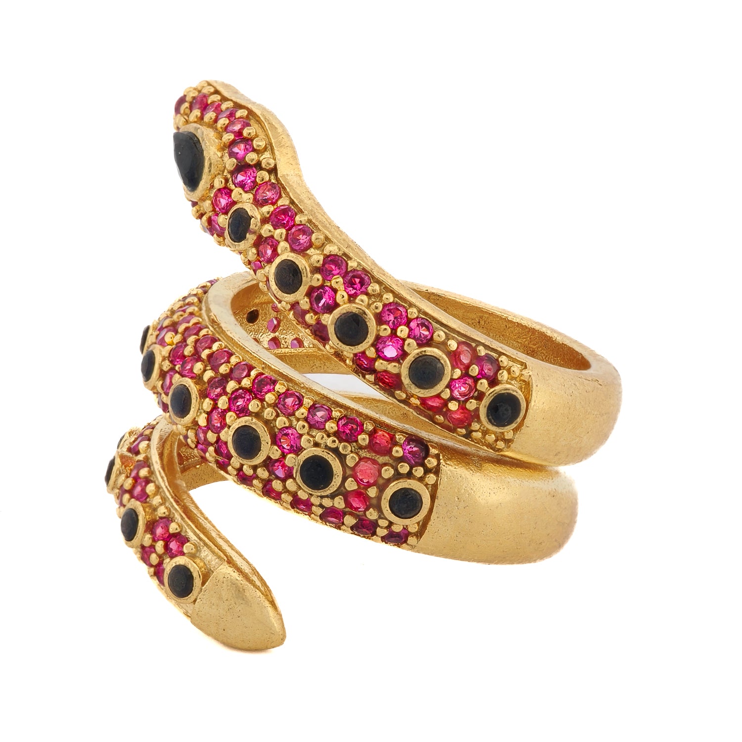 Adjustable 18K Gold Mystic Serpent Ring with Black Onyx and Ruby Stones for Protection and Elegance